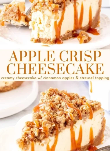 Delicious apple crisp cheesecake with a crunchy topping and creamy base