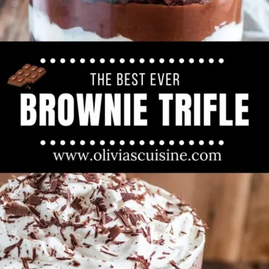 Delicious Brownie Trifle layered with brownies, mousse, and whipped cream