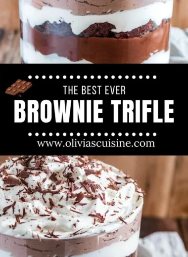 Delicious Brownie Trifle layered with brownies, mousse, and whipped cream