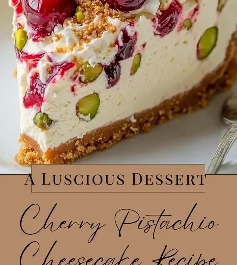 Delicious Cherry Pistachio Cheesecake topped with cherries and pistachios