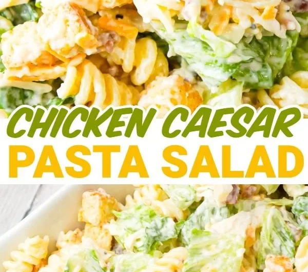 Delicious Chicken Caesar Pasta Salad with grilled chicken and romaine lettuce