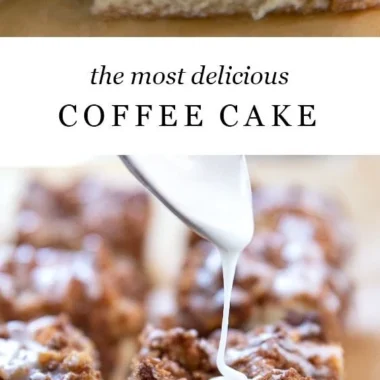 Delicious slice of coffee cake with crumb topping on a white plate