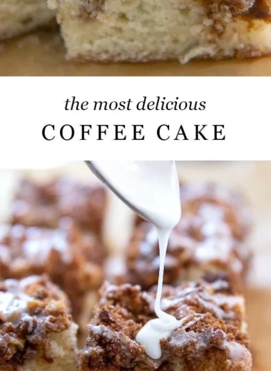 Delicious slice of coffee cake with crumb topping on a white plate