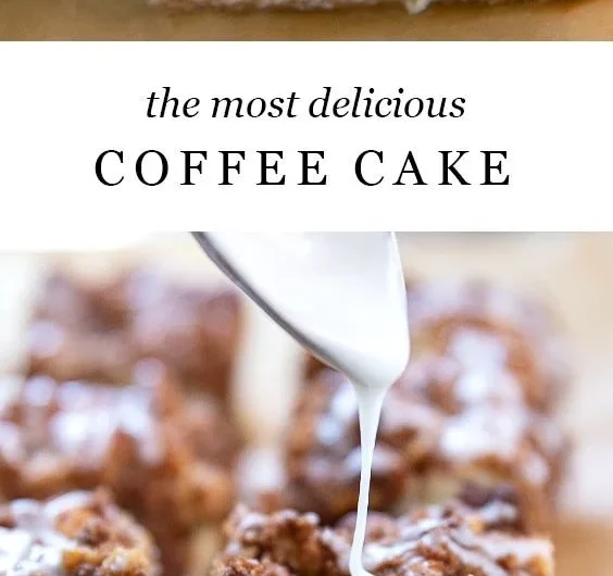 Delicious slice of coffee cake with crumb topping on a white plate