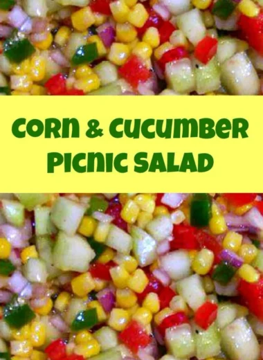 Corn and cucumber picnic salad in a bowl, perfect for outdoor meals.