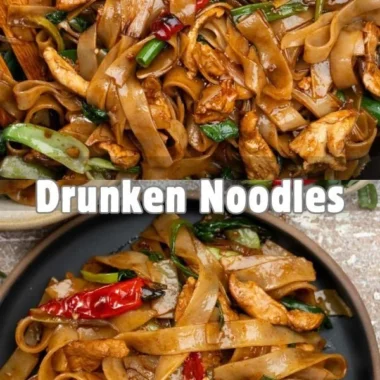 Plate of delicious Drunken Noodles with vegetables and spices