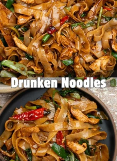 Plate of delicious Drunken Noodles with vegetables and spices