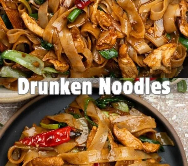 Plate of delicious Drunken Noodles with vegetables and spices