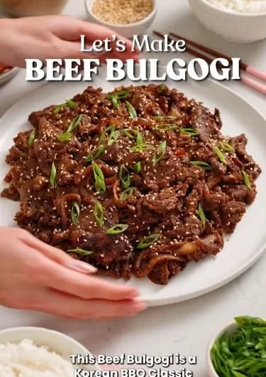 Delicious homemade Easy Korean Bulgogi served with rice and vegetables.
