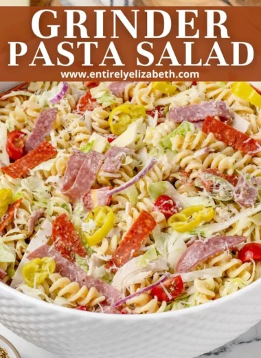 Delicious Grinder Pasta Salad with fresh ingredients and vibrant colors.