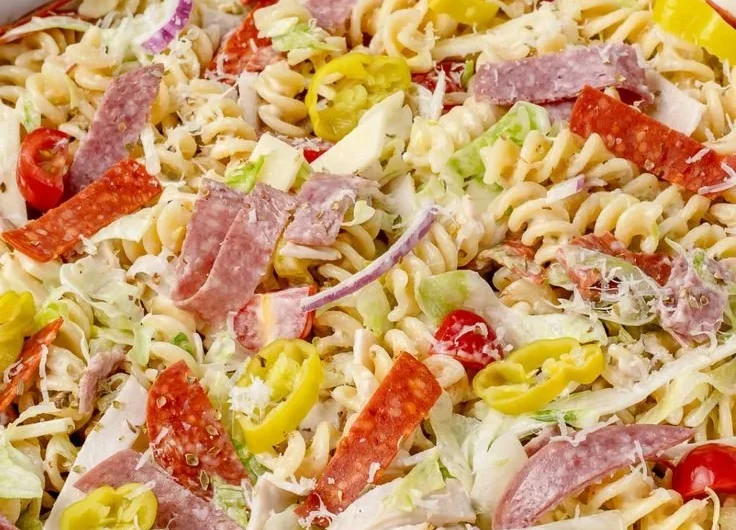 Delicious Grinder Pasta Salad with fresh ingredients and vibrant colors.
