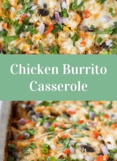 Healthy chicken burrito casserole topped with fresh ingredients and served in a dish
