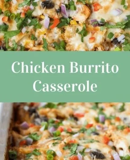 Healthy chicken burrito casserole topped with fresh ingredients and served in a dish