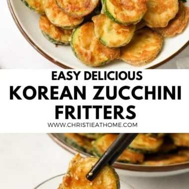 Crispy Korean zucchini fritters garnished with green onions on a plate