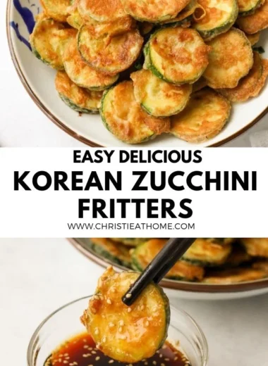 Crispy Korean zucchini fritters garnished with green onions on a plate