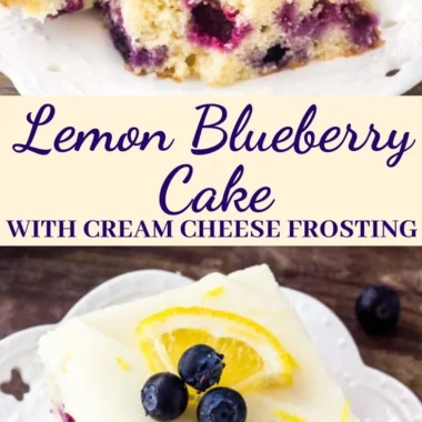 Sliced lemon blueberry cake topped with blueberries and lemon zest