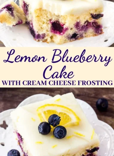 Sliced lemon blueberry cake topped with blueberries and lemon zest