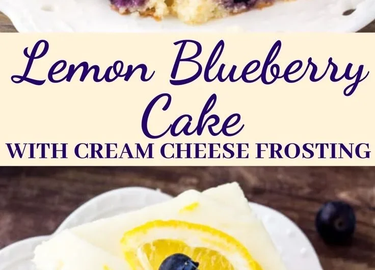 Sliced lemon blueberry cake topped with blueberries and lemon zest