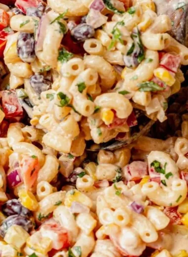 Colorful Mexican Macaroni Salad with fresh vegetables and spices