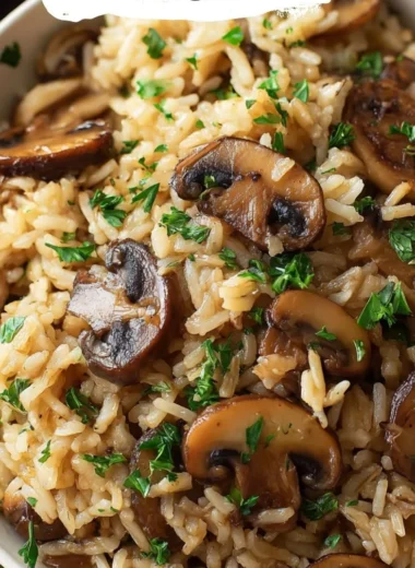Delicious Mushroom Rice dish garnished with fresh herbs