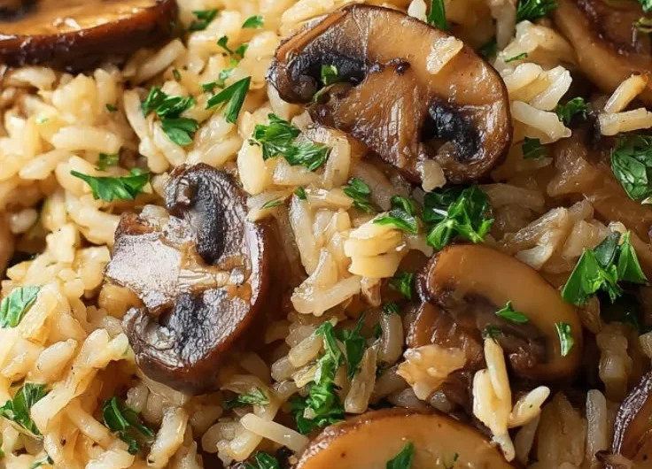 Delicious Mushroom Rice dish garnished with fresh herbs
