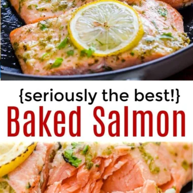 Delicious oven roasted salmon on a plate, garnished with herbs and lemon.