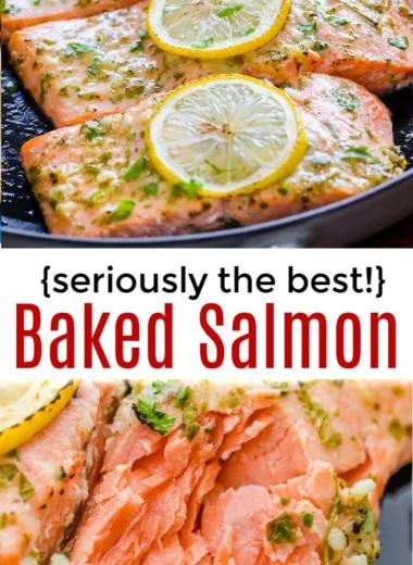Delicious oven roasted salmon on a plate, garnished with herbs and lemon.