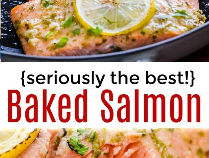 Delicious oven roasted salmon on a plate, garnished with herbs and lemon.
