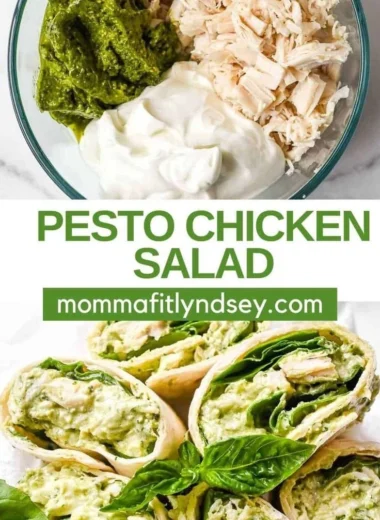 Simple 3-ingredient Pesto Chicken Salad served in a bowl