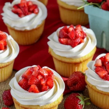 Delicious strawberry shortcake cupcakes topped with fresh strawberries and whipped cream