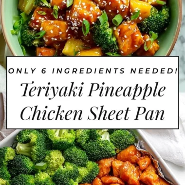 Sweet sheet pan pineapple chicken with broccoli on a baking tray.
