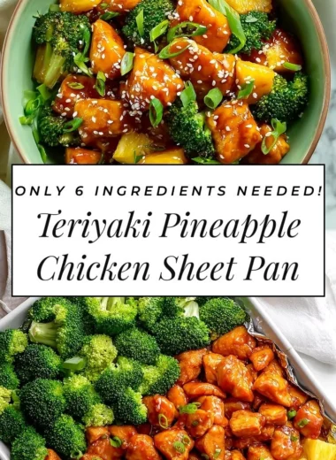 Sweet sheet pan pineapple chicken with broccoli on a baking tray.