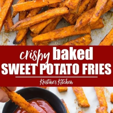 Crispy baked sweet potato fries served in a bowl, garnished with herbs.