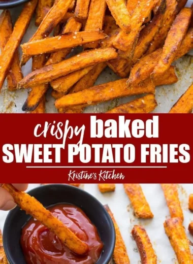 Crispy baked sweet potato fries served in a bowl, garnished with herbs.
