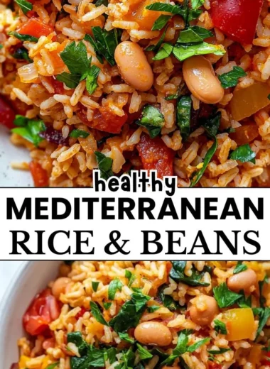 Bowl of wholesome Mediterranean Rice and Beans garnished with herbs