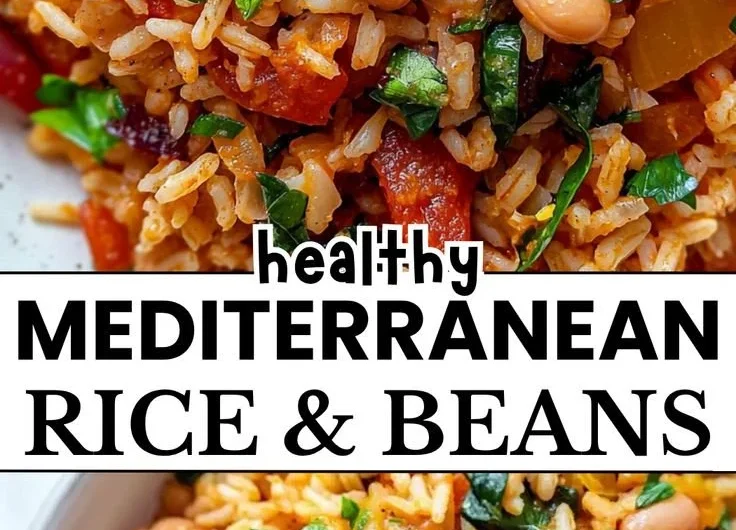 Bowl of wholesome Mediterranean Rice and Beans garnished with herbs