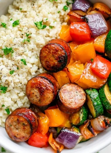 Plate of 10 minute air fryer chicken sausage and assorted vegetables