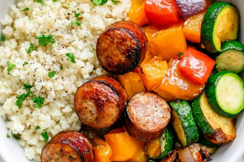 Plate of 10 minute air fryer chicken sausage and assorted vegetables