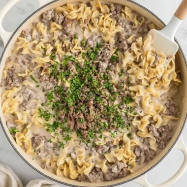 Delicious plate of 30-minute ground beef stroganoff ready to serve