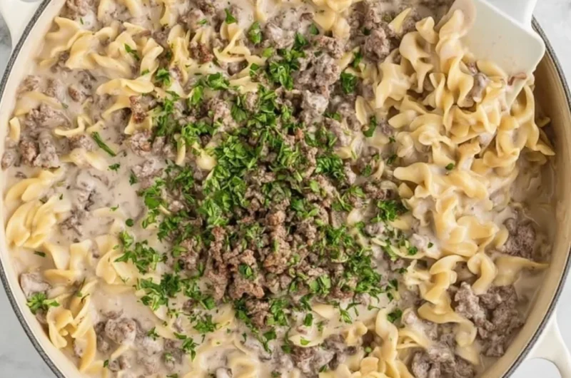 Delicious plate of 30-minute ground beef stroganoff ready to serve
