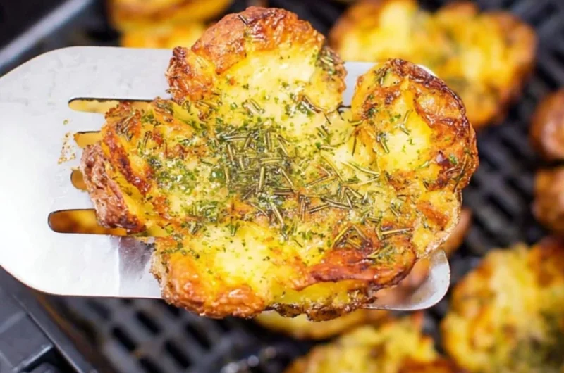 Crispy air fryer smashed potatoes garnished with herbs