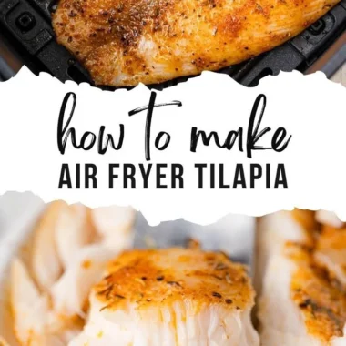 Crispy air fryer tilapia served on a plate with lemon and herbs.