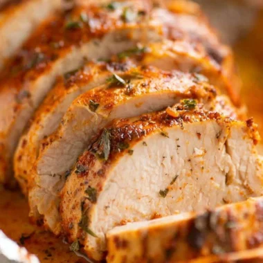 Juicy baked pork tenderloin served with herbs and spices