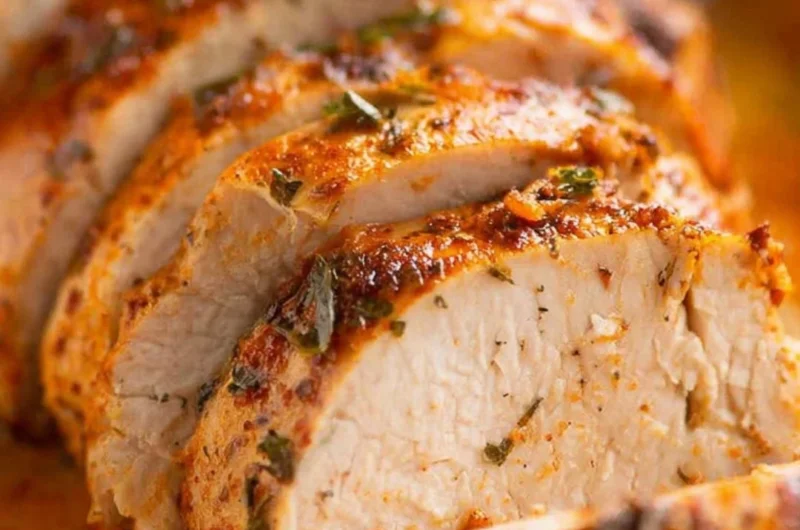 Juicy baked pork tenderloin served with herbs and spices