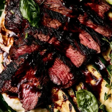 Balsamic flank steak served with grilled zucchini and whipped feta cheese