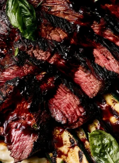 Balsamic flank steak served with grilled zucchini and whipped feta cheese