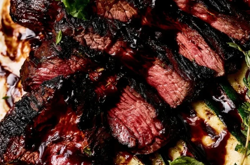Balsamic flank steak served with grilled zucchini and whipped feta cheese