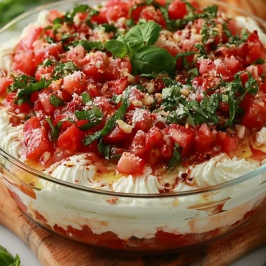 Vibrant bruschetta dip served with fresh vegetables and toasted bread