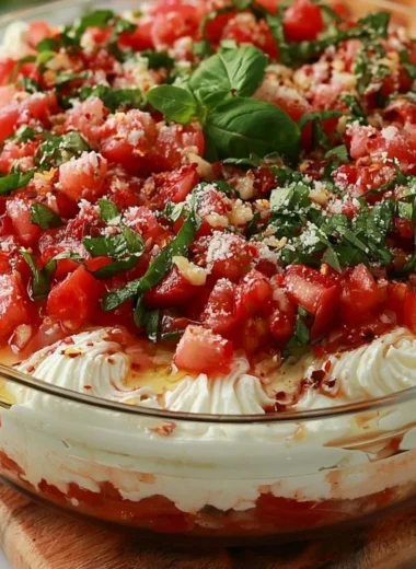 Vibrant bruschetta dip served with fresh vegetables and toasted bread
