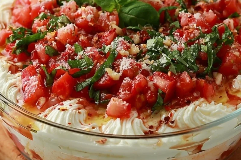 Vibrant bruschetta dip served with fresh vegetables and toasted bread